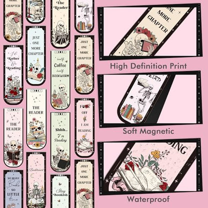 Gothic Skull Magnetic Bookmarks: 30 Pcs Skeleton Book Mark Clips, Funny Magnet Page Markers for Reading, Halloween Gifts for Women Teens Kids Students Book Lovers School Office Supplies - style: Gothic Skull