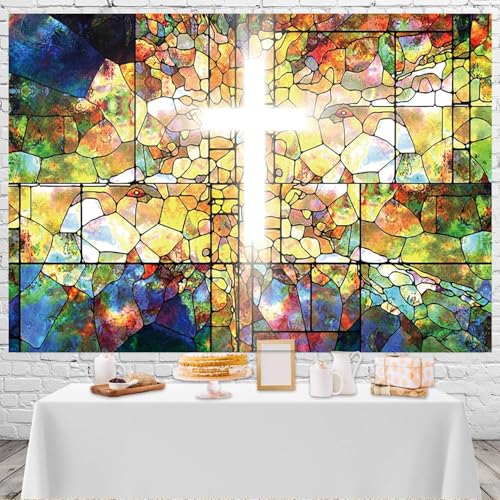 10x6.5ft Jesus Christ Cross Backdrop Stained Glass Holy Bible for Church Event Photography Background Crucifix Christian Religious Easter Decoration Banner Portrait Photo Studio Prop - size: 10x6.5ft