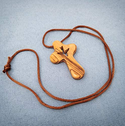 Logos Trading Post Holy Spirit Dove Comfort Cross, Wooden Cross Necklace for Men & Women, Certified Holy Land Olive Wood Orthodox Pendant Necklace from Bethlehem Israel