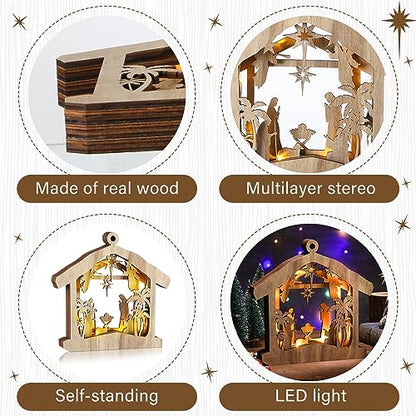 Bucherry Wooden Nativity Scene Christmas Tabletop Ornament,Hut - style: Hut