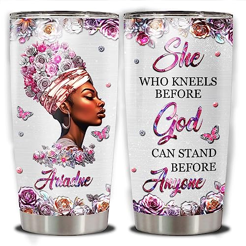 WAZONE Personalized Black Queen Tumbler Cup With Lid Custom Name Faith Bible Thermos 20oz 30oz Stainless Steel Gift Travel Mug for African American Afro Girl Encouragement Birthday Women Day - color: Black Queen