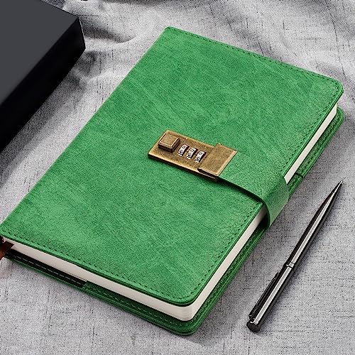 WEMATE Diary with Lock, A5 PU Leather Journal with Lock 240 Pages Green - color: Grass Green