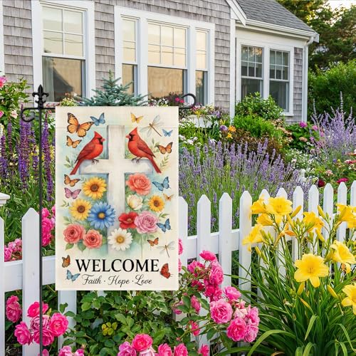 Welcome Faith Hope Love 12 x 18 Inch Cardinal Garden Flag - color: White