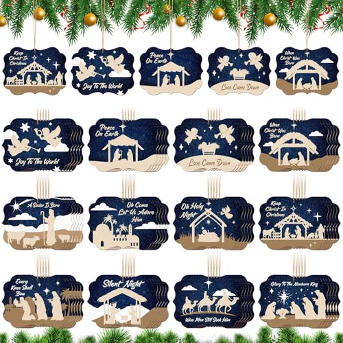 Soaoo 60 Pcs Christmas Nativity Scene Ornaments Bulk Wooden Decor, Square - style: Square