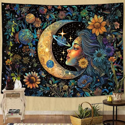 Accnicc Sun and Moon Tapestry for Bedroom Hippie Boho Floral Flower Plant Wall Tapestry Aesthetic Vintage Galaxy Celestial Star Spiritual Large Tapestries Wall Hanging for Living Room Dorm 48 x 36 Inch - color: Teal Gold, size: 48"L x 36"W