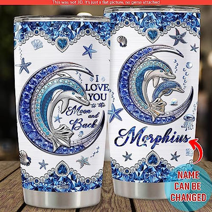 WAZONE Personalized Dolphin Tumbler With Lid Customized Name Jewelry Style Blue Moon Stainless Steel 20oz 30oz Insulated Tea Cup Gift Christmas Birthday for Daughter Women Sister Best Friend - color: Dolphin