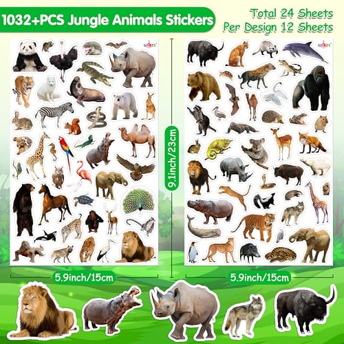 LINAYE 24 Sheets Jungle Stickers for Kids, 1032 PCS Safari Wild Zoo Animal Stickers for Scrapbooking,Water Bottles,Envelopes,Laptop Decal for Kids Boys Girls - style: Jungle 24 Sheets