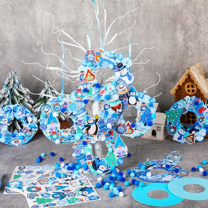Hollowfly 48 Sets Winter Wreath Craft Kits, DIY Snowflake Snowman Decor - style: Winter Holiday