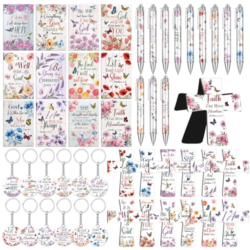 Humyoun 12 Set Christian Religious Gifts for Women Bulk Include Bible Verse Notebook Ballpoint Pen Acrylic Keychain and Magnetic Bookmark Floral Bible Verse Theme Inspirational Religious Party Favor