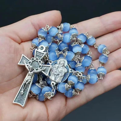 Rosary Beads Catholic for Woman - Italy 8-9mm AAA+ Natural Blue Cat Eyes Gemstone Rosary Beads.