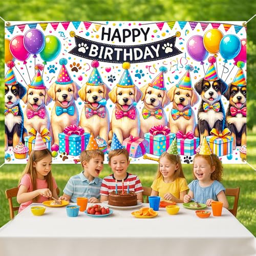 70.8x43.3 Inch Happy Birthday Dog Puppy Party Banner Paw Print Balloon Bow Tie Backdrop Decor Pet Dog Birthday Party Supplies Photo Background Gift - color: Colorfulb233, size: 70.8 x 43.3 Inch