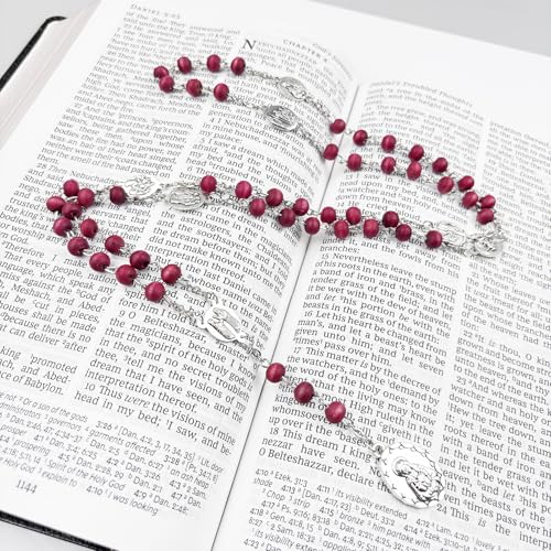 Seven Sorrows of Mary Rosary Wooden Beads Catholic Jewelry Necklace for Pray - color: Red