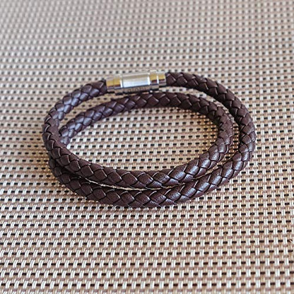 globi Leather Bracelet For Men | Genuine Wrap Braided Leather Cuff Bangle Bracelet with Magnetic Stainless Steel Clasp For Men/Women - color: Brown