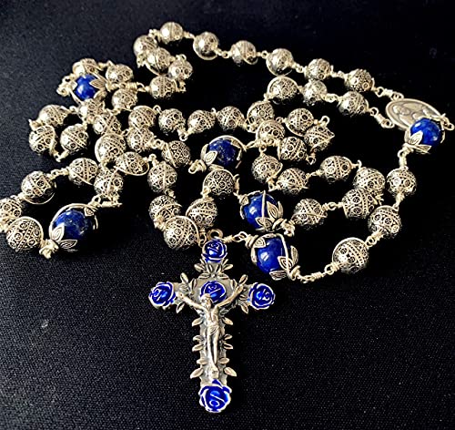 elegantmedical HANDMADE ANTIQUED 10MM BALI STERLING 925 SILVE Wire Wraped BEADS LAPIS LAZULI NECKLACE ROSARY CROSS NECKLACE MENS GIFTS