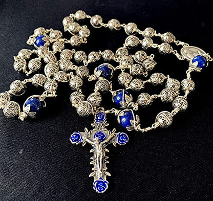 elegantmedical HANDMADE ANTIQUED 10MM BALI STERLING 925 SILVE Wire Wraped BEADS LAPIS LAZULI NECKLACE ROSARY CROSS NECKLACE MENS GIFTS