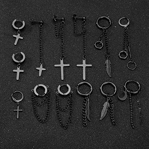 20 Pieces Men Earrings Set - Black Stainless Steel Chain Hoop Earrings Cross Moon and Star Dangle Earrings Piercing Jewelry for Men Women - color: Black