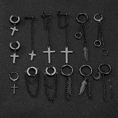 20 Pieces Men Earrings Set - Black Stainless Steel Chain Hoop Earrings Cross Moon and Star Dangle Earrings Piercing Jewelry for Men Women - color: Black