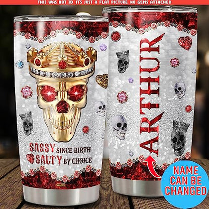 WAZONE Personalized Jewelry Crown Skull Tumbler With Lid Custom Name Sassy Since Birth Salty By Choice Insulated Stainless Steel 20oz 30oz TravelHalloween Themed Gift For Women Men - color: Skull