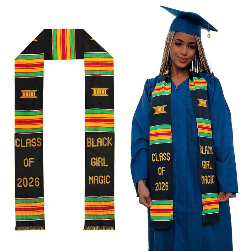 Black Girl Magic Kente Graduation Stole 2026 | Authentic African Art Kente Stole | Bold Patterns and Vibrant Colors 72"x4.5"