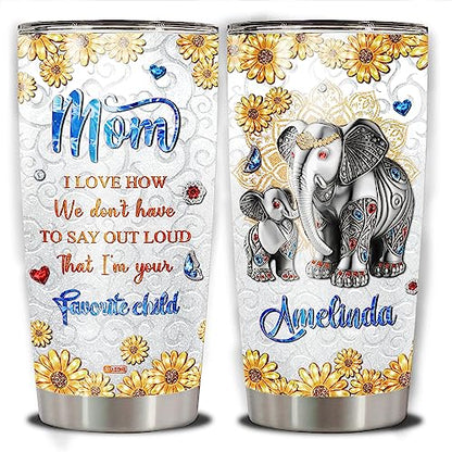 WAZONE Personalized Elephant Tumbler With Lid Custom Name Elephants Sunflowers Insulated Mothers Day Birthday Christmas Items Gifts For Mom From Daughter Son Stainless Steel Travel Cup Mug - color: Elephant Mom