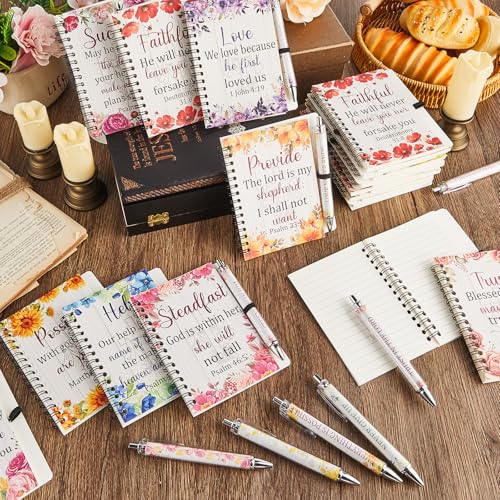 12 Sets Christian Notebooks Bulk Bible Spiral Notebooks with Pen A6 Prayer Journal Notepad Inspirational Notebook Religious Jesus Gifts Bulk for Church Groups Bible Study Teachers Men Women (Floral)