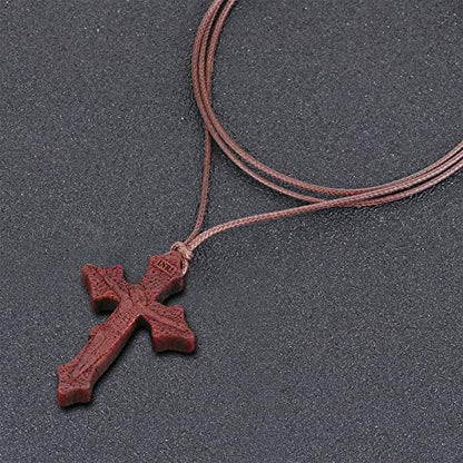 COTTVOTT Wood Orthodox Cross Pendant Necklace Christian Crucifix Necklace Prayer Jesus for Women Men - style: E-Red Color