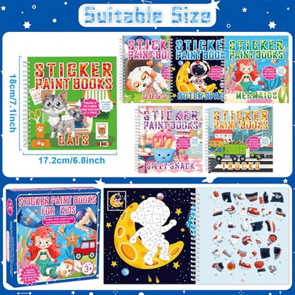 gisgfim 6 Pcs Paint by Sticker Books Sticker by Number Books Activity Book Sticker Puzzle Book Craft Art Gift with Mermaid Truck Outer Space Cat 48 Pictures Sticker by Number Book Set Party Favors - style: Cute Cartoon