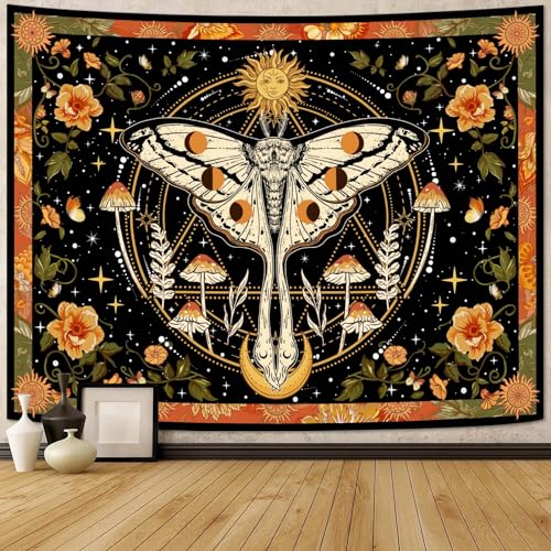 Aipon Orange Moth Tapestry Boho Retro Floral Flowers Tapestries Aesthetic Vintage Mushroom Tapestries for Bedroom Indie Sun Moon Tapestry Wall Hanging for Living Room Dorm (80'' × 60'') - color: Orange1, size: 80"L x 60"W