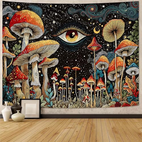 Fungarth Hippie Mushroom Tapestry Vinatge Plant Starry Night Tapestries Wall Hanging Hippy Celestial Small Tapestry for Bedroom Living Room Study Classroom Dorm 48 x 36 inch - color: Sky Eye, size: 48"L x 36"W