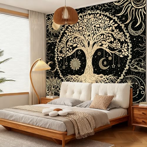 Avinyl Tree of Life Tapestry Wall Hanging, Large Black Sun Moon Tapestries - color: Black Gold Tree Tapestry, size: 60"L x 51"W