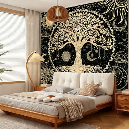 Avinyl Tree of Life Tapestry Wall Hanging, Large Black Sun Moon Tapestries - color: Black Gold Tree Tapestry, size: 60"L x 51"W