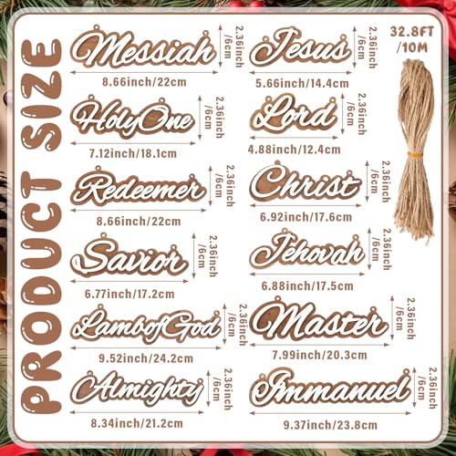 Halloscume 12 Pcs Christmas Name of Jesus Wooden Nativity Ornament 2-Layer Wood Hanging Christ Ornaments with Savior Names Religious Christian Christmas Decorations for Xmas Tree Decor