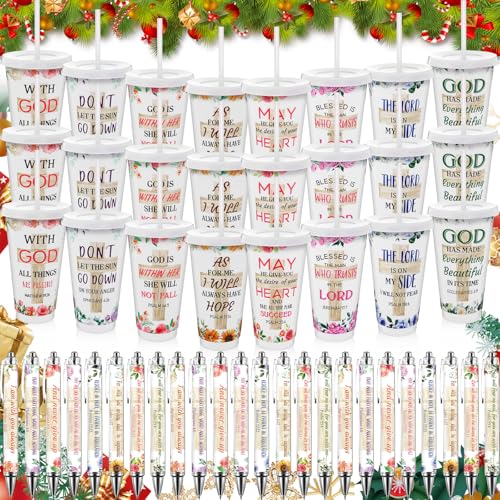 48 Pcs Christian Gifts for Women 24 oz Bible Scripture Cups with Lids Straw Religious Floral Bible Verse Ink Pens Church Religious Gift Set