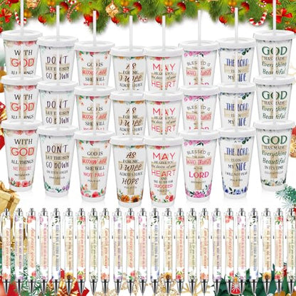 48 Pcs Christian Gifts for Women 24 oz Bible Scripture Cups with Lids Straw Religious Floral Bible Verse Ink Pens Church Religious Gift Set
