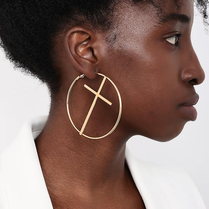 Cross Hoop Earrings Big Circle Hoop Earrings for Women Christian Jewelry - color: A-G