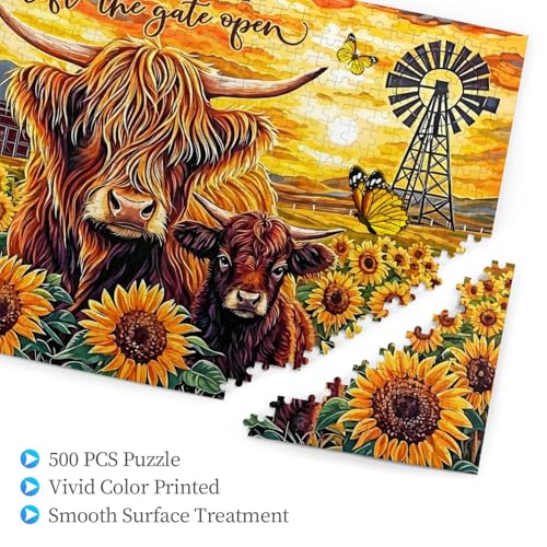 Farmhouse Highland Cow Jigsaw Puzzles for Adults 500 Pieces Rustic Sunflower Cow Painting Wooden Jigsaw Puzzle Live Like Someone Left The Gate Open Inspirational Puzzle for Family Friends Home Decor - color: Highland Cow, size: 500PCS