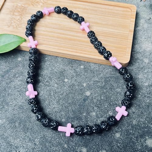 Baseball Bead Cross Necklace for Boys Kids, Elastic Rhinestone Bling Necklace Drip Gifts for Teens Players - color: Pink Cross/Black