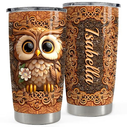 SANDJEST Personalized Owl Wood Drawings Tumbler 20oz 30oz Insulated Tumblers with Lid Coffee Travel Mug Cup for Women Owl Gifts for Birthday - color: Owl
