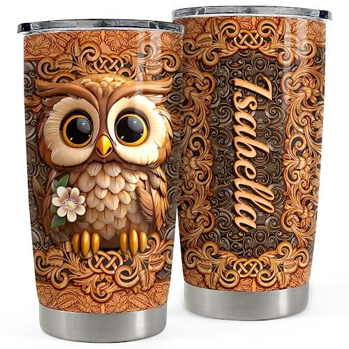SANDJEST Personalized Owl Wood Drawings Tumbler 20oz 30oz Insulated Tumblers with Lid Coffee Travel Mug Cup for Women Owl Gifts for Birthday - color: Owl