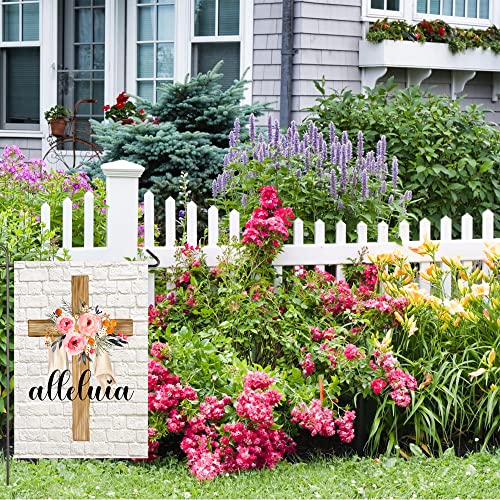 Easter Cross Garden Flag Alleluia He is Risen Religious Flags 12x18 Vertical Double Sided Spring Floral Cross Yard Flag Christian Holiday Yard Outdoor Decoration