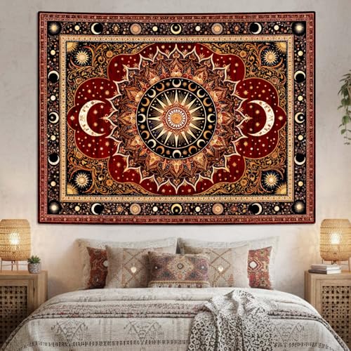 Lifeel Vintage Boho Sun Moon Tapestry, Bohemian Mandala Medallion Tapestries Wall Hanging for Living Room Decor, Dark Red 36x48 inches - color: Red, size: 48"L x 36"W