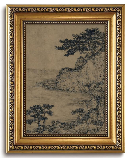Vintage Japanese Wall Art Gold Framed Asian Landscape Moody Wall Decor - color: Chinese landscape ink, size: 10"L x 8"W