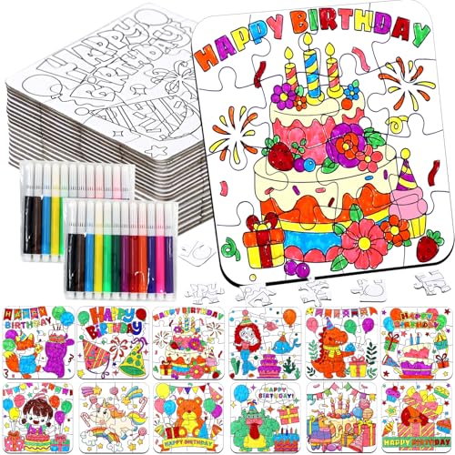 24 Sets Happy Birthday Crafts Puzzle for Kids Kit, Classroom Birthday Party Activities with Cake Hat Gift, DIY Art Color Your Own Blank jigsaw for Fall Christmas Party Favors Coloring Game Supplies - color: Birthday Colorful