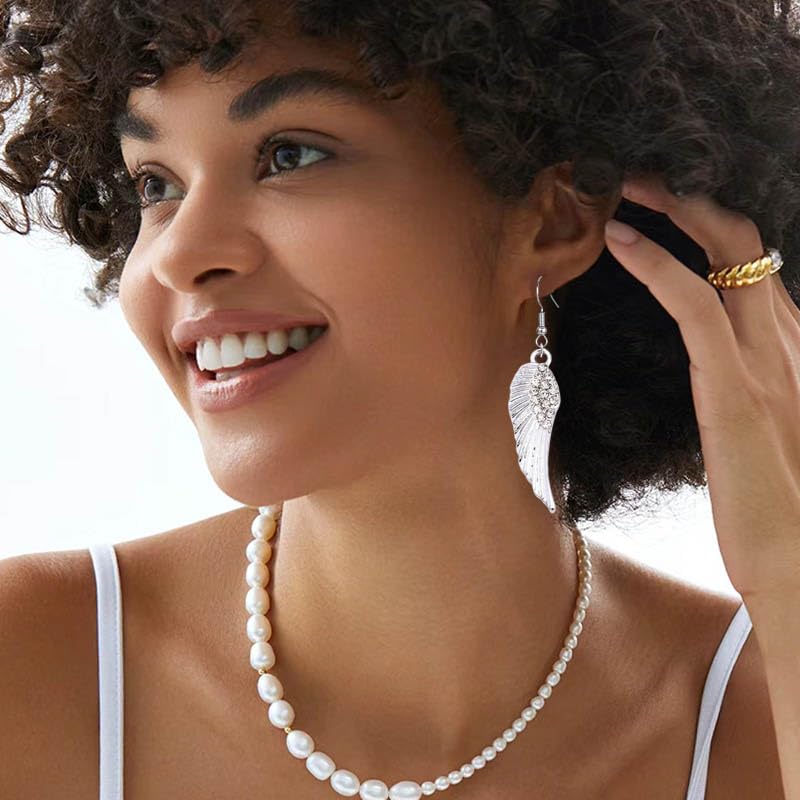 coadipress Angel Wing Earrings for Women Unique Silver Plated Fairy Feather Guardian Dangle Drop Hook Earrings Jewelry - color: Silver Rh Wing