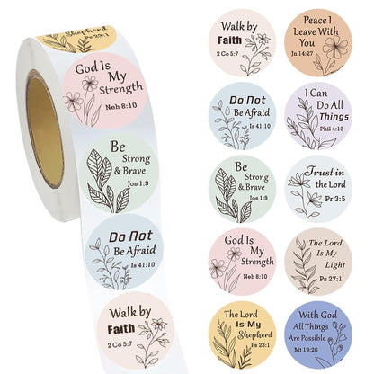 500 Pcs Bible Verse Stickers Roll 1 Inch Round Inspirational Christian Scripture Labels Floral Minimalist Faith Stickers for Journals, Planners, Scrapbooking, Gift Wrapping and Envelope Seals