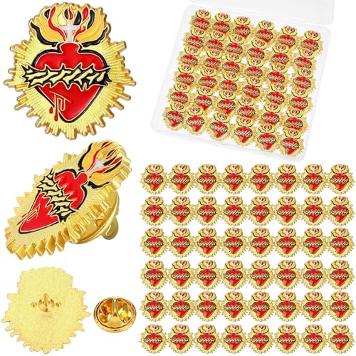 Juexica 50 Pcs Religious Sacred Heart of Jesus Pins Bulk Christian Favors Cross Enamel Lapel Brooch Red Heart Pins for Clergy Appreciation Gift Church Funeral Sunday School - style: Sacred