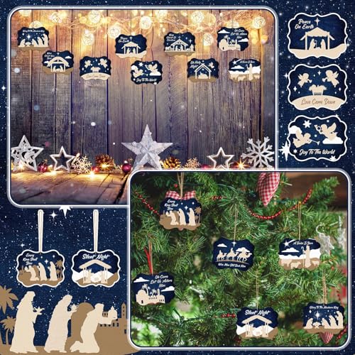 Soaoo 60 Pcs Christmas Nativity Scene Ornaments Bulk Wooden Decor, Square - style: Square