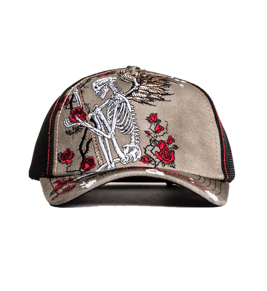Affliction Men's Baseball Cap, Gothic Style, Embroidered Pattern - color: Dirty Potassium Spray (Winged Reaper)