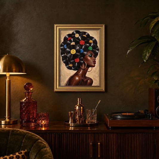 Vintage Vinyl Record Wall Art Black Woman Portrait Pictures Wall Decor - color: Gold Framed-02, size: 12x16in