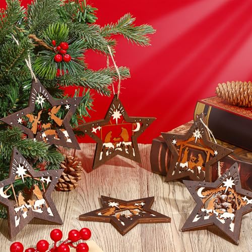 Bucherry 6 Pcs Wooden Christmas Nativity Scene Ornaments Bulk,Star - style: Star